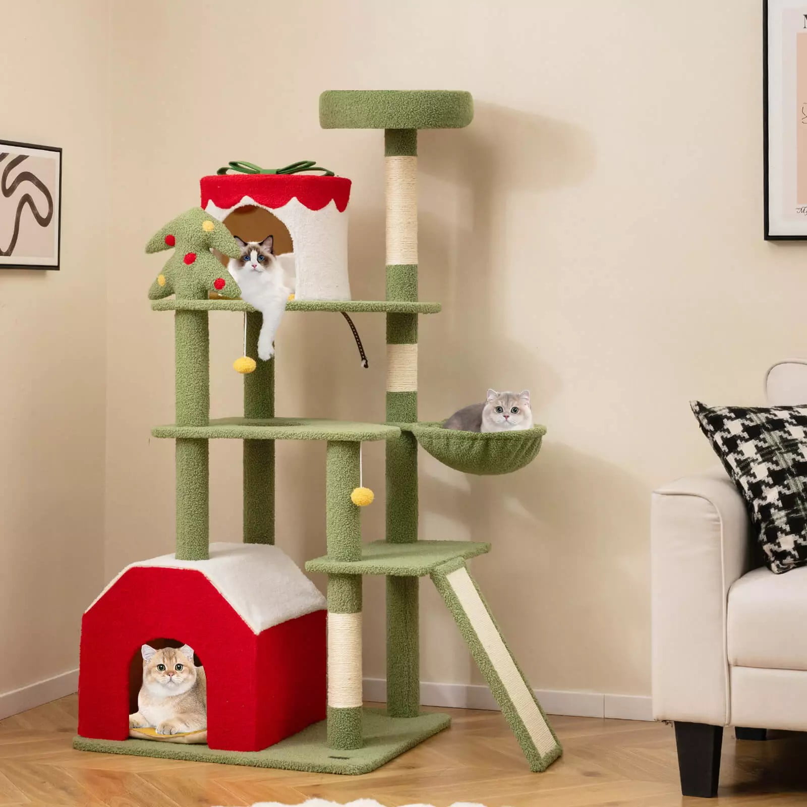 Harmijoy 61" Tall Christmas Cat Tree, Multi-level Cat Furniture w/ Sisal Scratching Posts, Plush Perch & 2 Condos, Basket Bed, Hanging Toys, Comfy Hammock, Festival Theme Cat Tower for Indoor Cat