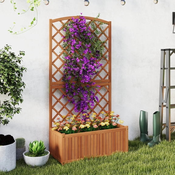 Harmijoy 63” Wood Planter Container w/Diamond Trellis, Planter Box, Slat Base for Plants