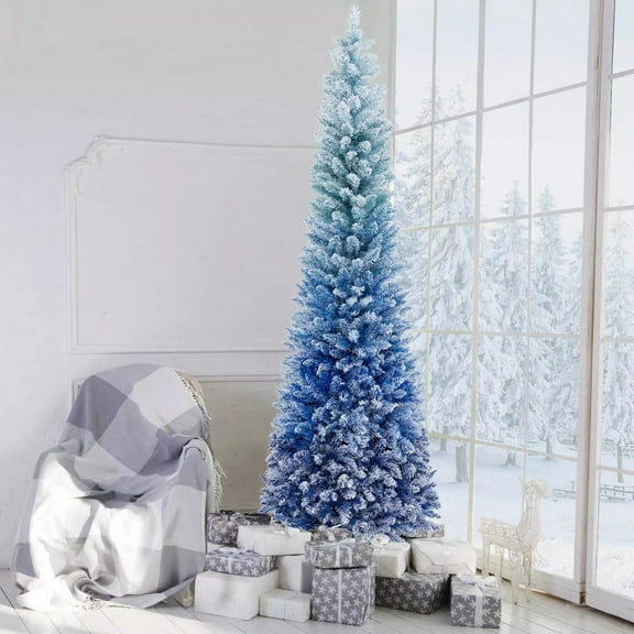 Harmijoy 7 FT Blue Gradient Snow Flocked Artificial Christmas Tree w/725 Lush Branch Tips