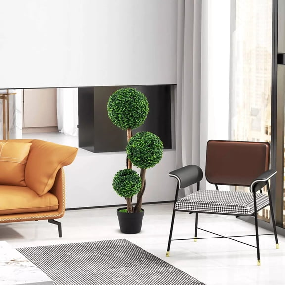 Harmijoy Artificial Boxwood Topiary Tree, 36" Faux Potted Plant w/3 Topiary Balls, Solid Wood Trunks, Mimic Rattans & Moss, Premium PE Leaves