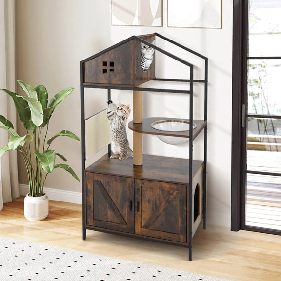 Harmijoy Cat Tree with Litter Box Enclosure w/ Hidden Washroom Scratching Posts & Pad