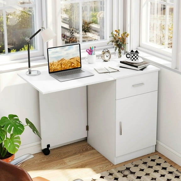 Harmijoy Folding Computer Desk with Storage Drawer & Cabinet, Compact Home Office Desk with Adjustable Shelf