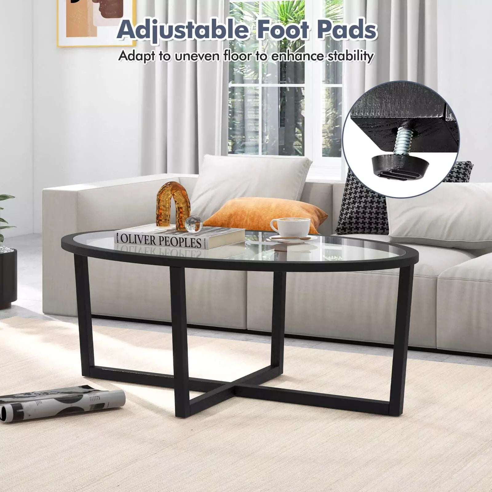 Harmijoy Glass Coffee Table, Modern Oval Living Room Center Table with ...