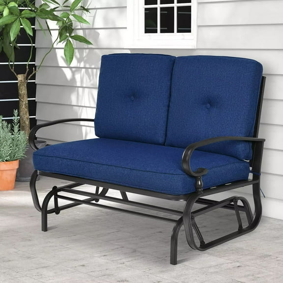 Harmijoy Glider Outdoor Patio Rocking Bench Loveseat Cushioned Seat Steel Frame Navy