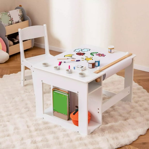 Harmijoy Kid's Art Table & Chair Set, Toddler Craft Drawing Desk with Paper Roll, 4 Paint Cups & 2 Storage Shelves, White