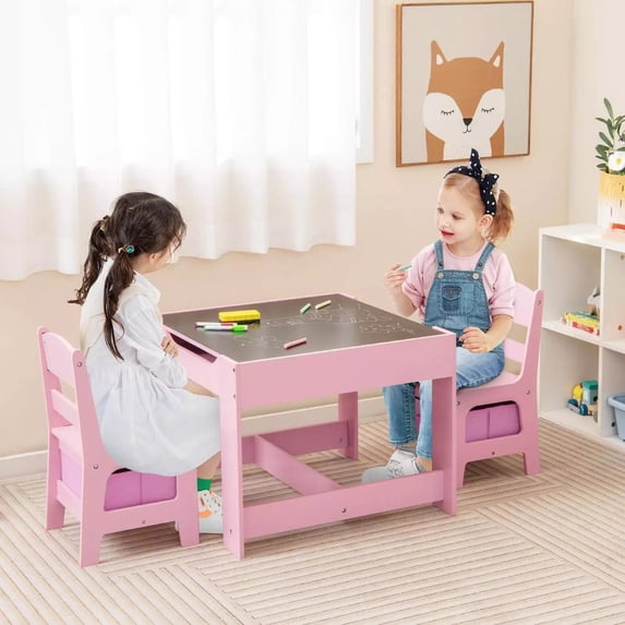 Harmijoy Kids Table and Chair Set, 3 in 1 Toddler Activity Table w/ Reversible Tabletop & Storage Drawers for Drawing, Reading, Crafts, Playing