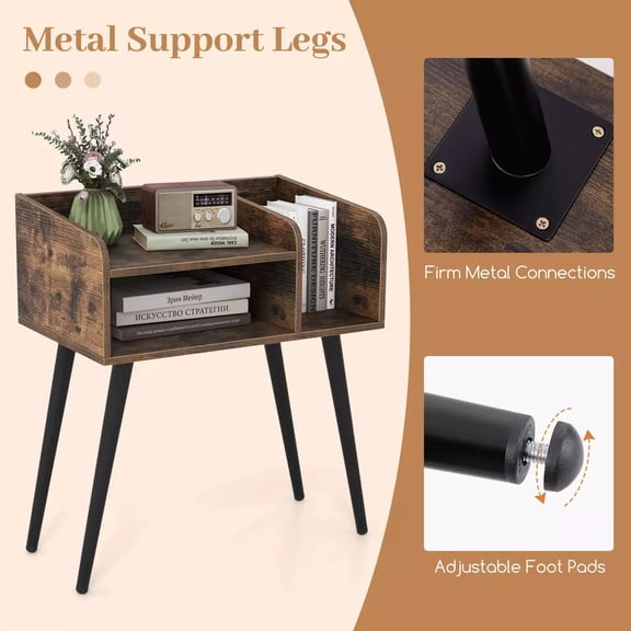 Harmijoy Mid Century Modern End Table with Open Shelves Metal Support Legs for Bedroom