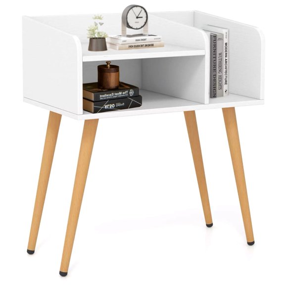 Harmijoy Mid Century Modern End Table with Open Shelves Metal Support Legs for Bedroom