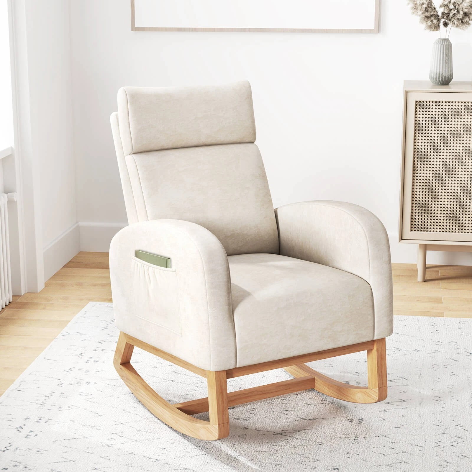 Harmijoy Nursery Rocking Chair, Upholstered Chenille Rocker Armchair w/ Natural Rubber Wood Frame, Padded Backrest & Seat, Side Pocket