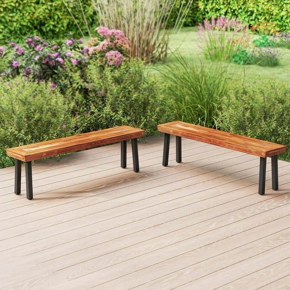 Harmijoy Outdoor Acacia Wood Benches Set of 2 with Slatted Top & Flared Metal Legs