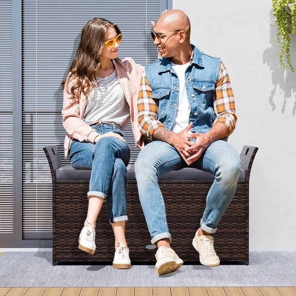 Harmijoy Outdoor Bench with Hand-woven PE Rattan Wicker Cushion & Side Handles Storage