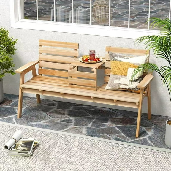 Harmijoy Outdoor Fir Wood Bench with Foldable Middle Table with Backrest and Armrests