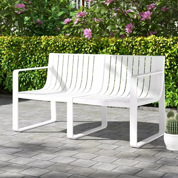 Harmijoy Patio Loveseat, Weather-resistant Plastic 2-Person Bench w/ Curved Backrest, Outdoor Conversation Furniture