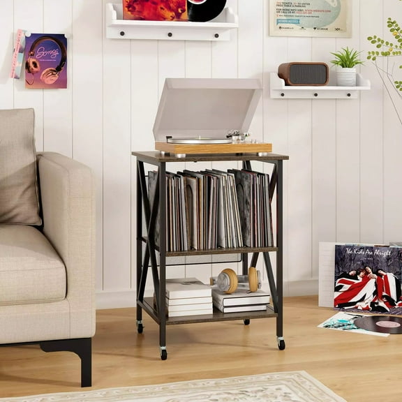 Harmijoy Record Player Stand, Vinyl Record Storage Table Holds Up to 120 Vinyl Records, Mid-century Record Player Table