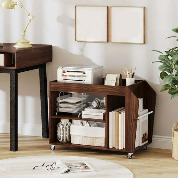 Harmijoy Rolling Side Table with Storage, 3-Tier Bookshelf with Magazine Rack & Open Shelves, 4 Universal Wheels, Filing Storage Rack