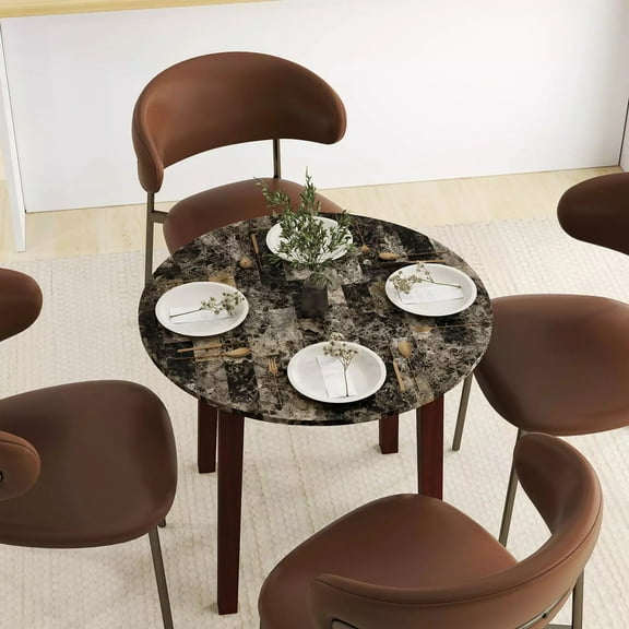 Harmijoy Round Dining Table, 35" Kitchen Table w/ Rubber Wood Legs, Marble-textured Veneer Tabletop, Modern Indoor Table for Living Room Restaurant Breakfast Nook