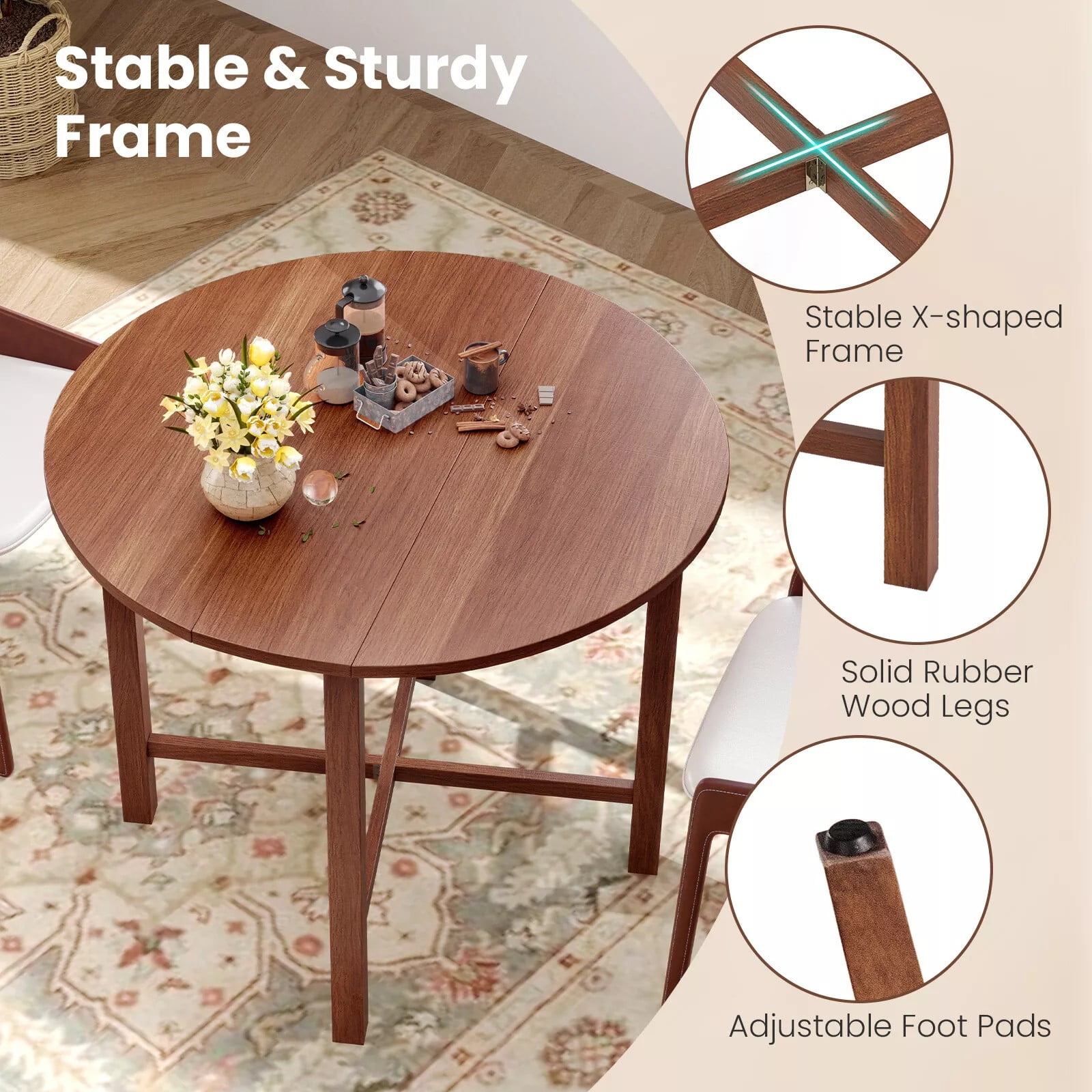 Harmijoy Round Dining Table, 36" Foldable Kitchen Table w/Solid Rubber ...