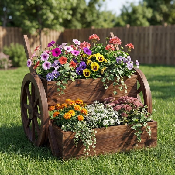 Harmijoy Rustic Wood Wagon Planter2-Tier with Wheels Handles&Drainage for Patio Balcony