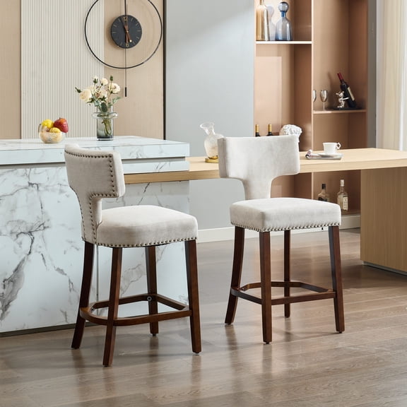 Harmijoy Set Of 2 Modern Counter Height Bar Stools - Curved Wing Back, Linen Upholstery, Brass Nail Trim, Rubberwood Frame
