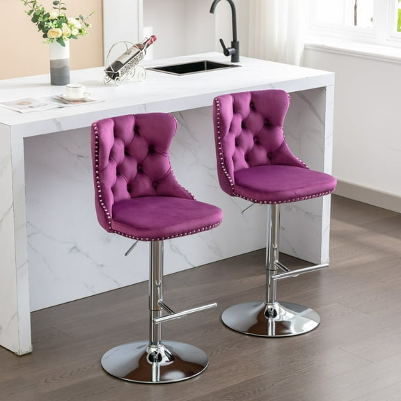 Harmijoy Set of 2 Velvet Swivel Bar Stools - Adjustable Height , Tufted Back, Chrome Base for Kitchen Island & Pub