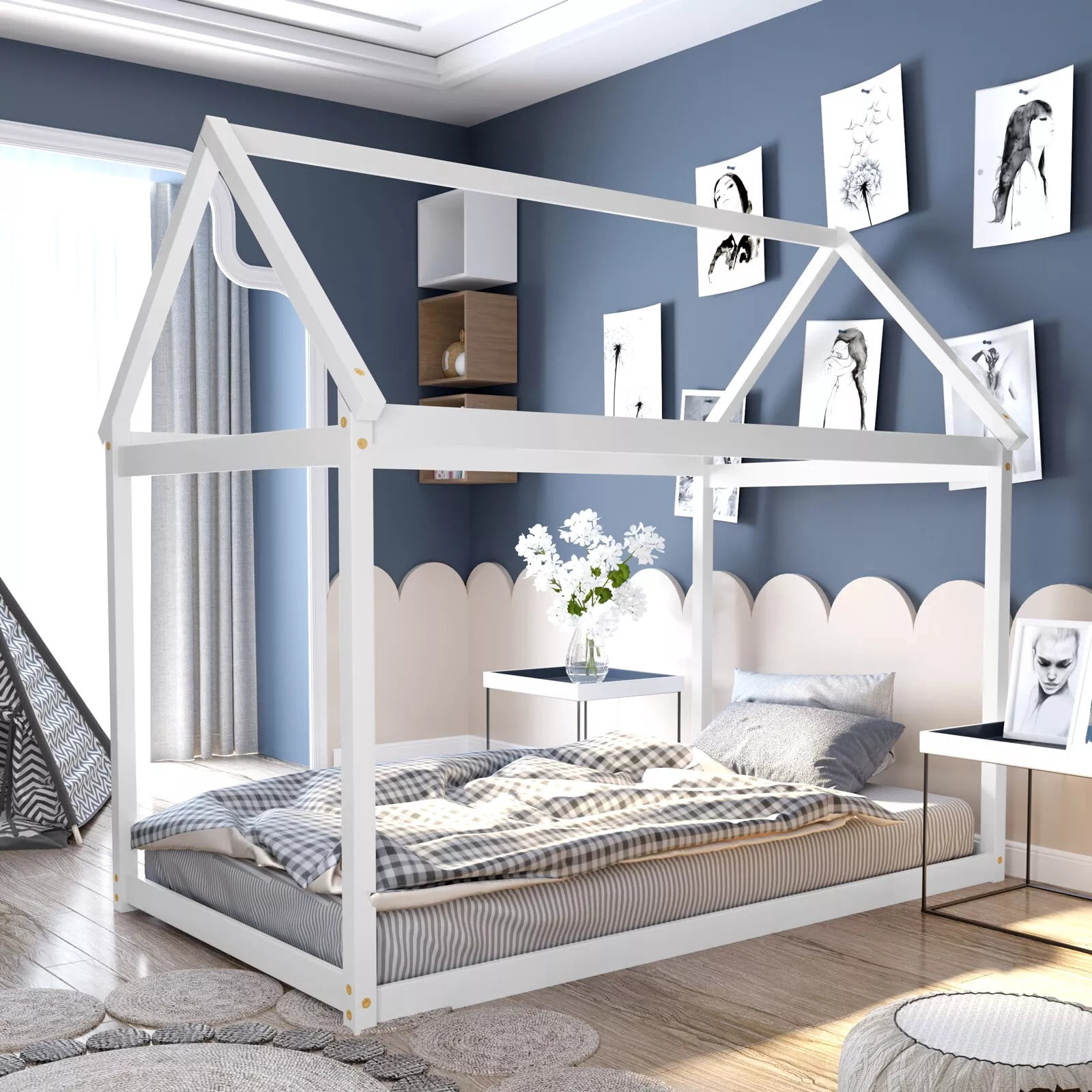Harmijoy Twin House Bed Frame, Stable Kids Platform Floor Bed w/ Roof ...