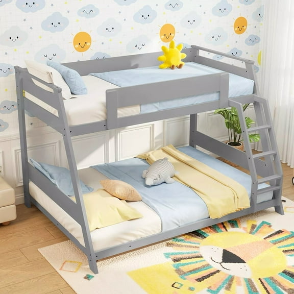 Harmijoy Twin Over Full Low Bunk Bed Solid Wooden Floor Bunk Bed w/ Reversible Ladder