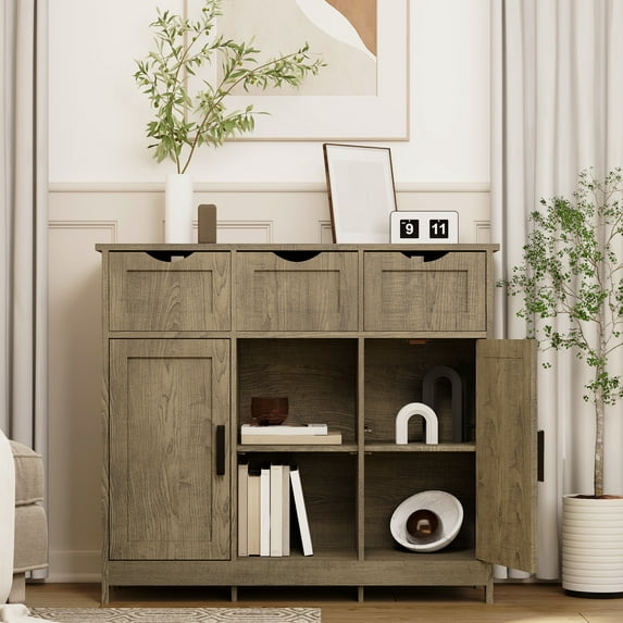 Harmijoy Wooden Floor Storage Cabinet with 3 Drawers and Shelves, Living Room, Bedroom, Home Decor Cabinet, Gray