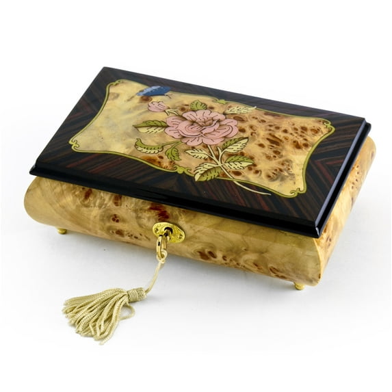 Harmonious 22 Note Single Pink Rose and Butterfly with Rosewood Frame Music Box - A Whole New World