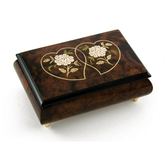Harmonious 30 Note Wood Tone Double Heart & White Roses Musical Jewelry Box - Fur Elise