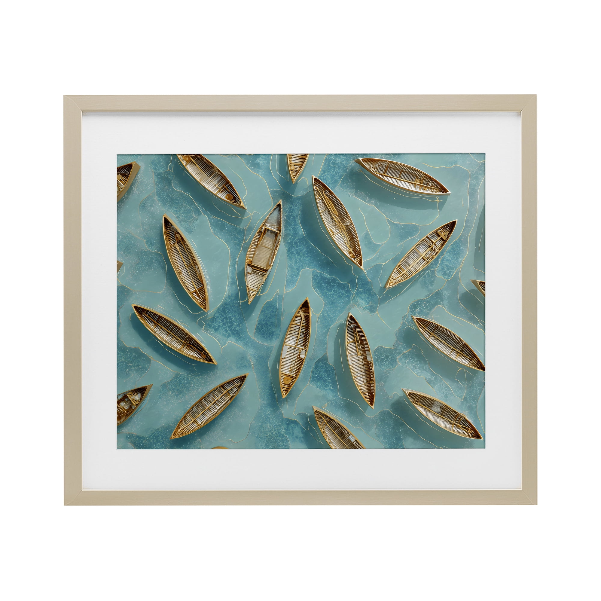 Harmonious Canoes on Water Birch Framed Print Under Glass, design by Franklyn Gregory