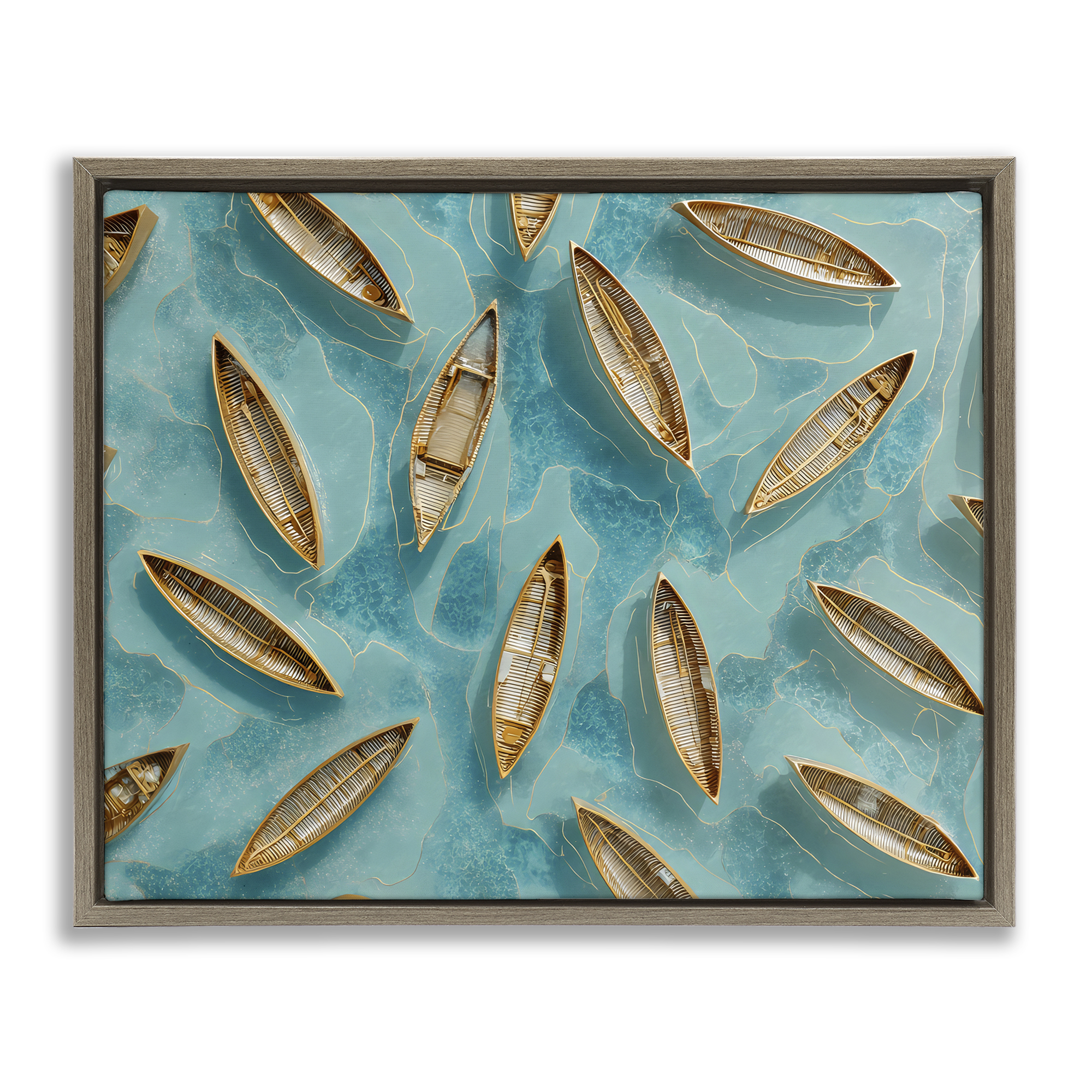 Harmonious Canoes on Water Brown Framed Floater Canvas Wall Art, design by Franklyn Gregory