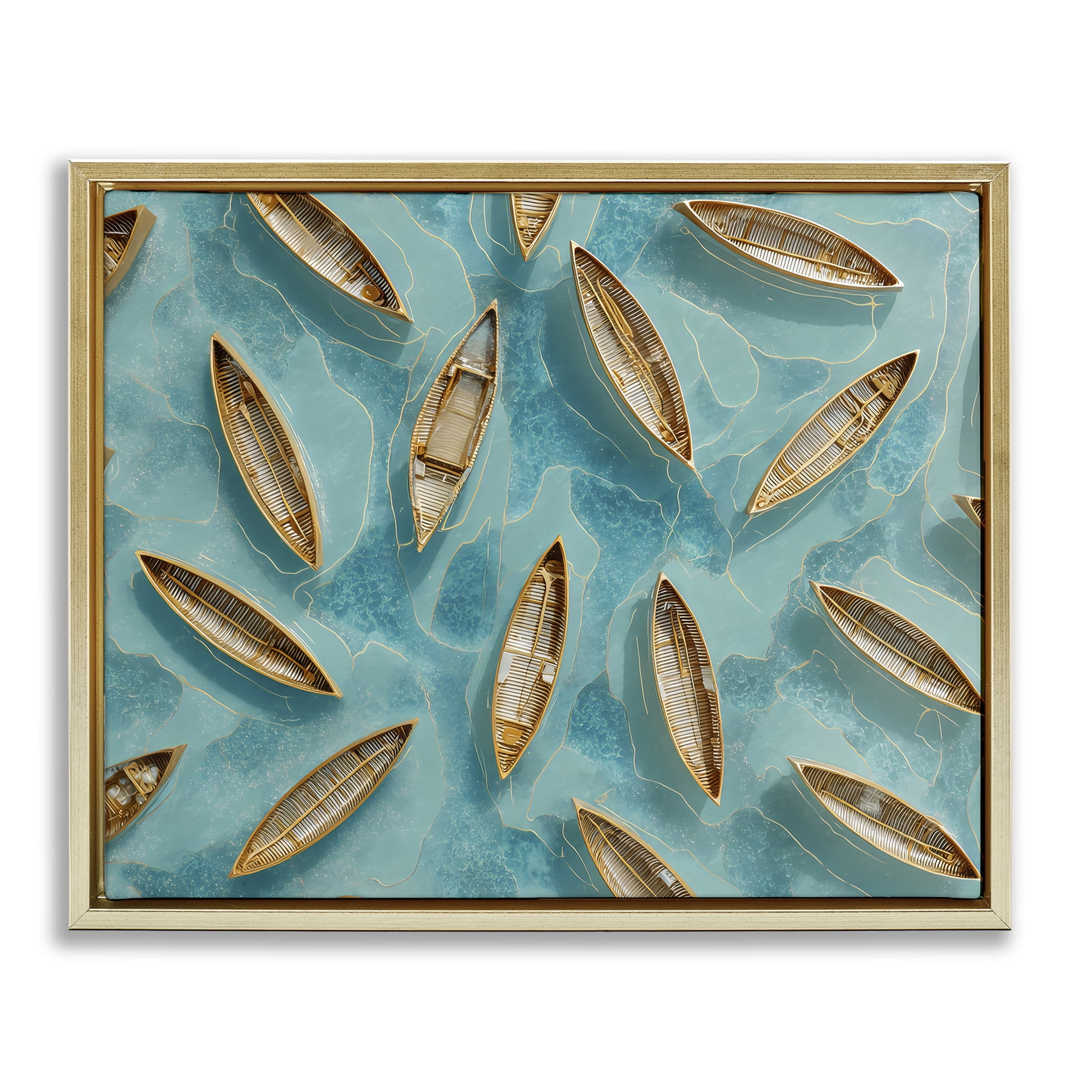 Harmonious Canoes on Water Gold Framed Floater Canvas Wall Art, design by Franklyn Gregory