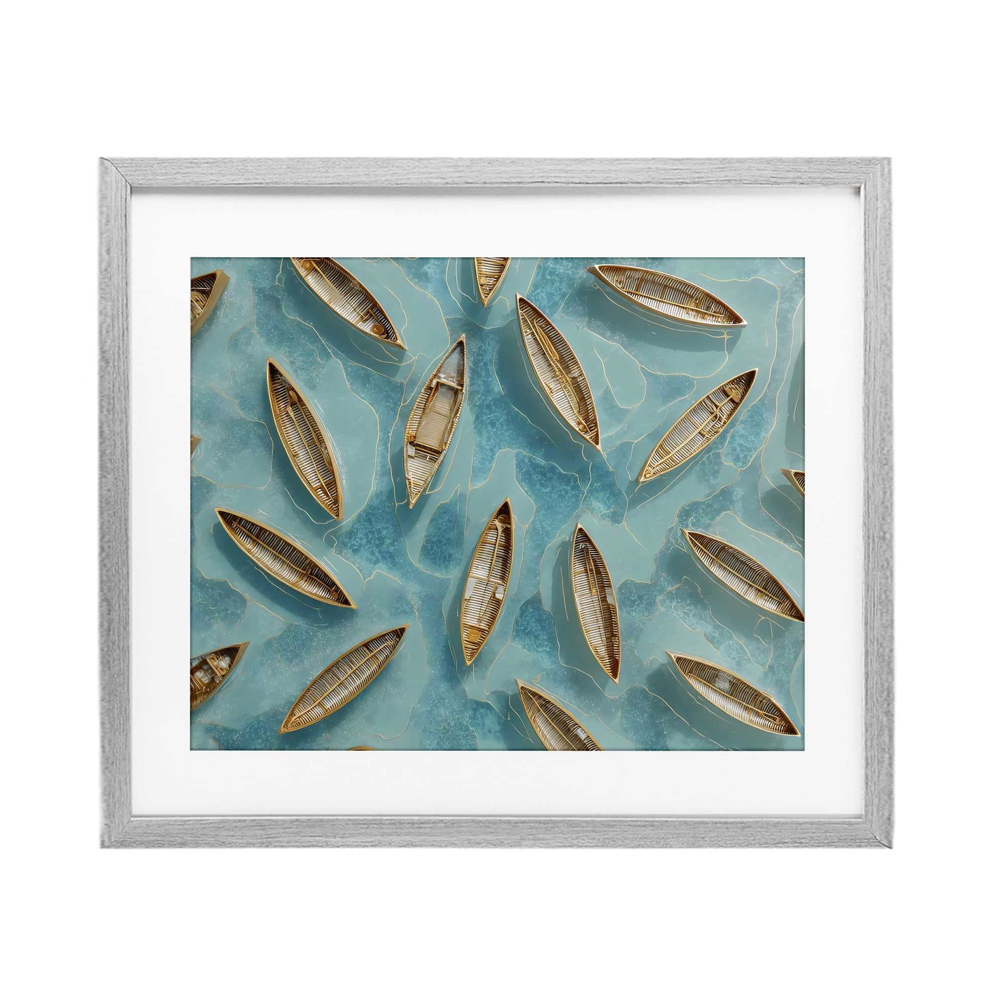Harmonious Canoes on Water Gray Framed Print Under Glass, design by Franklyn Gregory