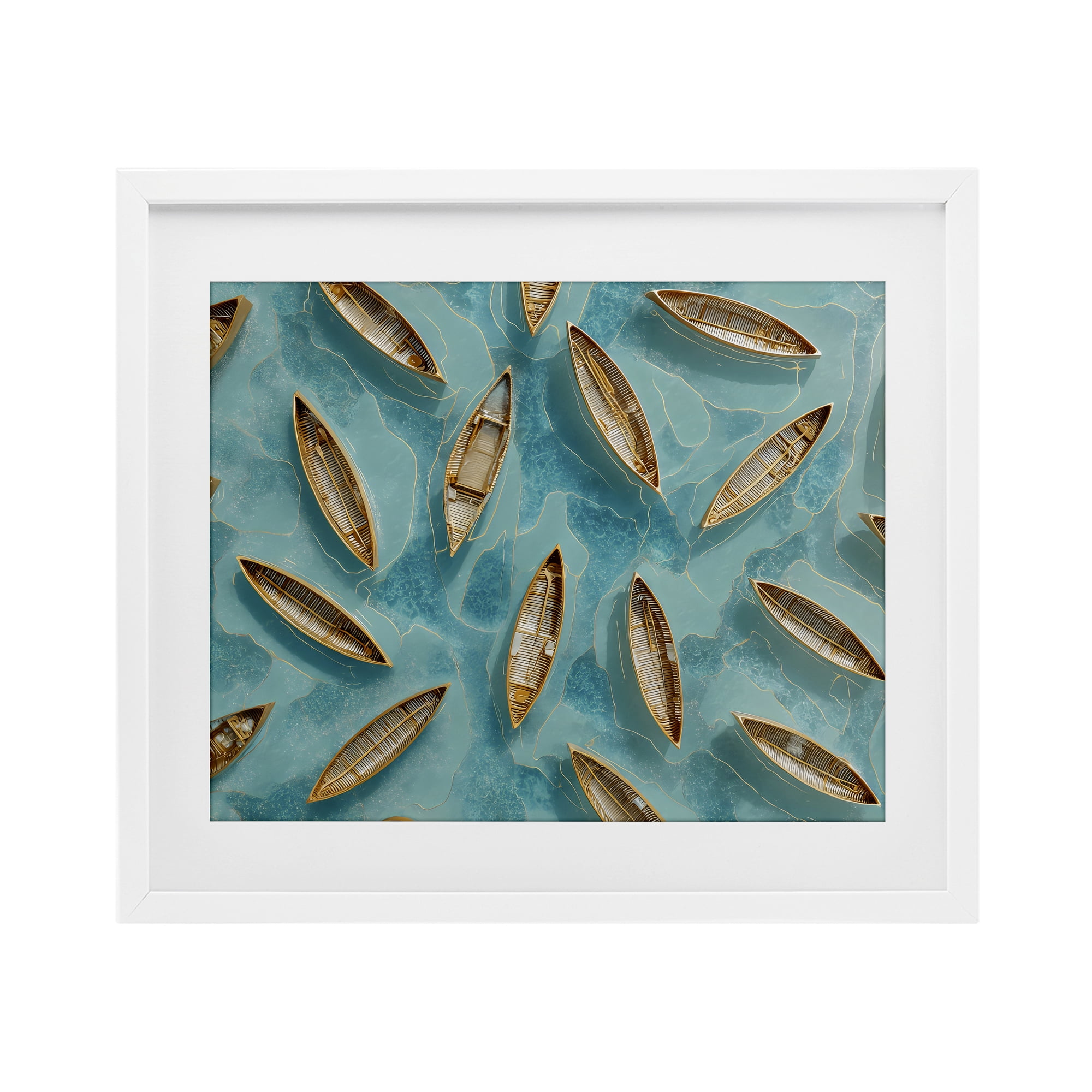 Harmonious Canoes on Water White Framed Print Under Glass, design by Franklyn Gregory