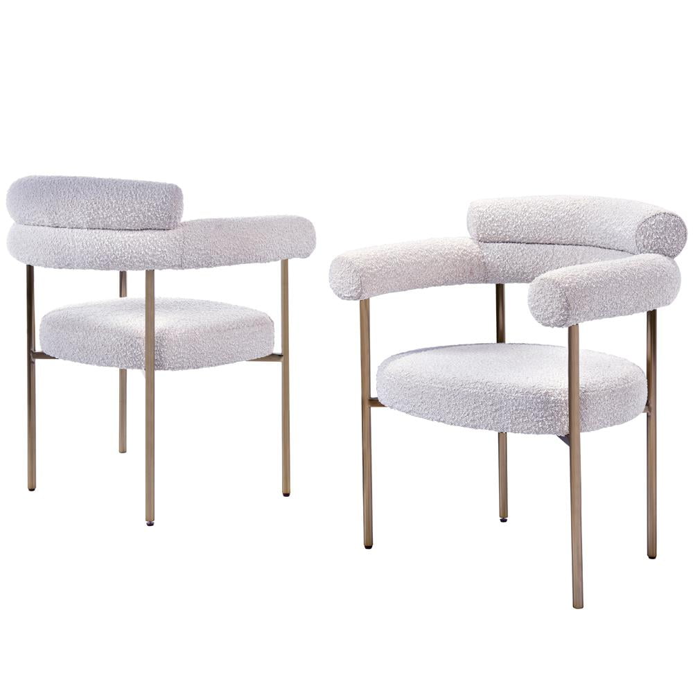 Cream Bouclé Upholstered Metal Arm Chairs with Gold Legs, Set of 2