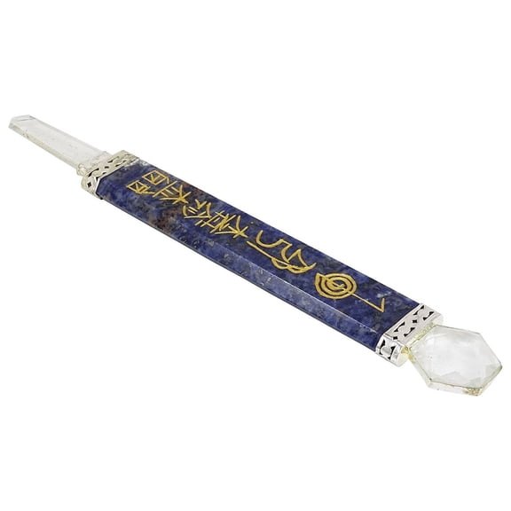 Harmonize Sodalite Stone Crystal Healing Reiki Flat Wand Engraved Hand Craft With Clear Quartz