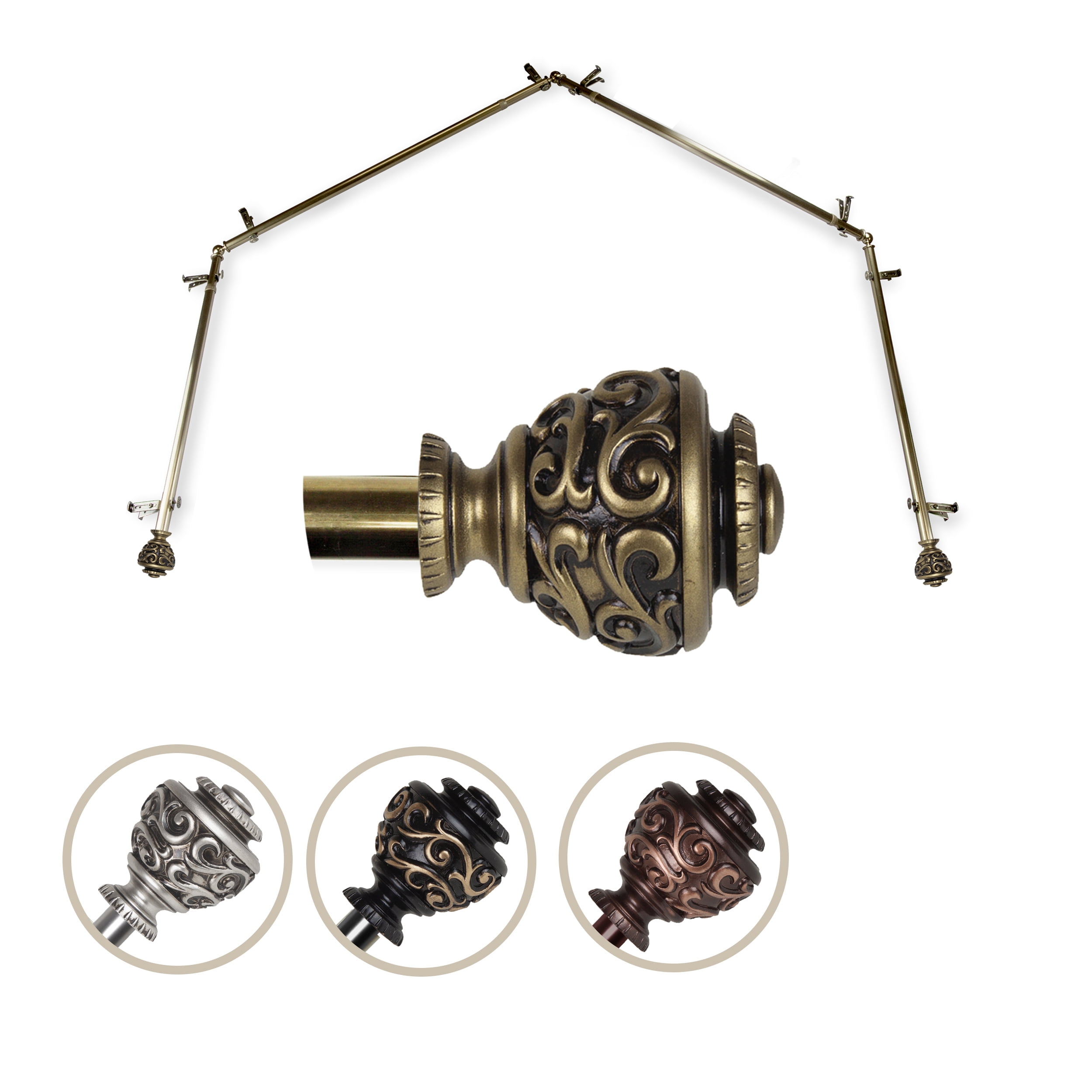 Harmony 13/16" dia. 4-Sided Bay Window Curtain Rod - Antique Brass