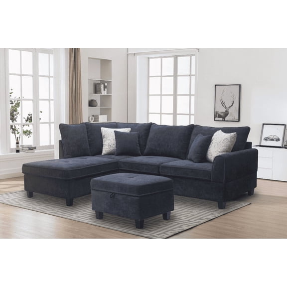 Harmony 99.5"W Black Fabric Sectional Sofa with Left-Facing Chaise & Storage Ottoman - Ideal for Modern Living Rooms