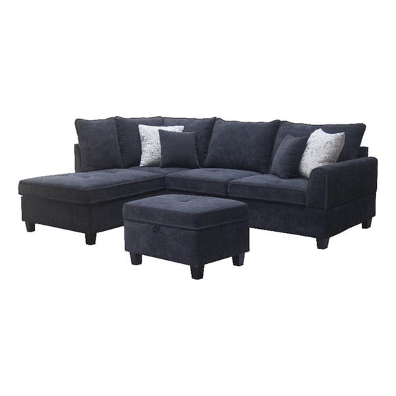 Harmony 99"W Black Fabric Sectional Sofa w/Left-Facing Chaise & Storage Ottoman