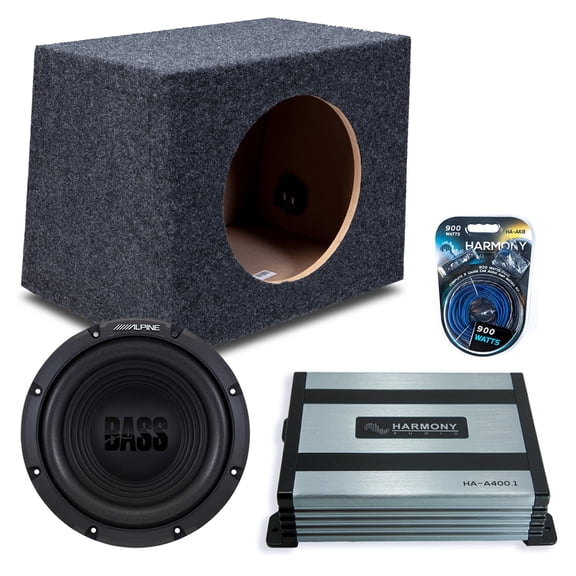 Harmony Audio Alpine fits Rearfire W10S4 Single 10" Subwoofer 250W Sealed Sub Box | HA-A400.1 Amplifier, 8GA Amp Kit