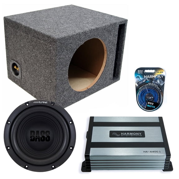 Harmony Audio Alpine fits Universal W12S4 Single 12" Subwoofer 250W Ported Sub Box | HA-A400.1 Amplifier, 8GA Amp Kit