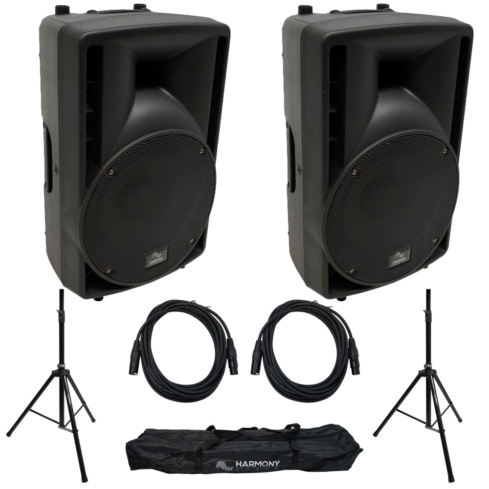 Harmony Audio HA-C15A 15" Pro DJ Powered 1000W PA Speaker Pair with Tripod Speaker Stands & 15 Foot XLR Cables