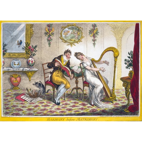Harmony Before Matrimony. A Young Woman And A Fashionably Dressed Young Man Singing A Duet. The Woman Plays A Harp While
