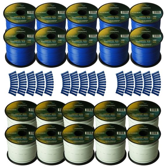 Harmony Audio Primary Single Conductor 14 Gauge Power or Ground Wire - 20 Rolls - 2000 Feet - White & Blue for Car Audio / Trailer / Model Train / Remote