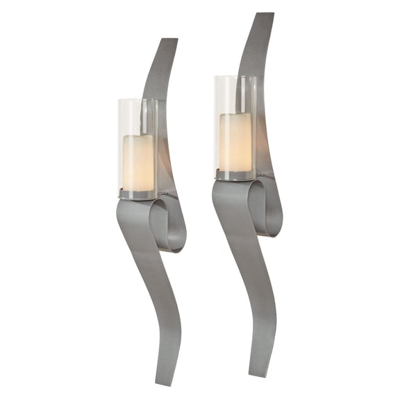 Harmony Curved Wall Sconce Pair with Included Glass Hurricane Candleholders, Silver Finish