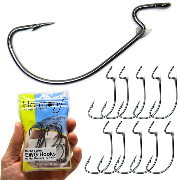 Harmony Fishing - Razor Series EWG Offset Hooks with Flex Keepers 10 Pack  Bass Fishing  Adjustable Flexible Bait Stoppers  HCS  Slick Black Nickel Coating Size 1/0 10 Pack w/Flex Keepers