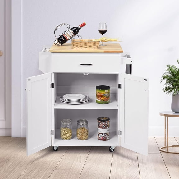 Harmony-Furniture Small Kitchen Island Cart, Narrow Butcher Block Kitchen Utility Cart w/Spice & Towel Rack, Rolling Kitchen Island with Storage Cabinets & Drawer for Dining Room (White)