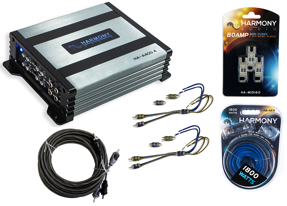 Harmony HAA400.4 800W Amp, HAAK4 1800W Amp Install Kit & 46KISL RCA Adapter