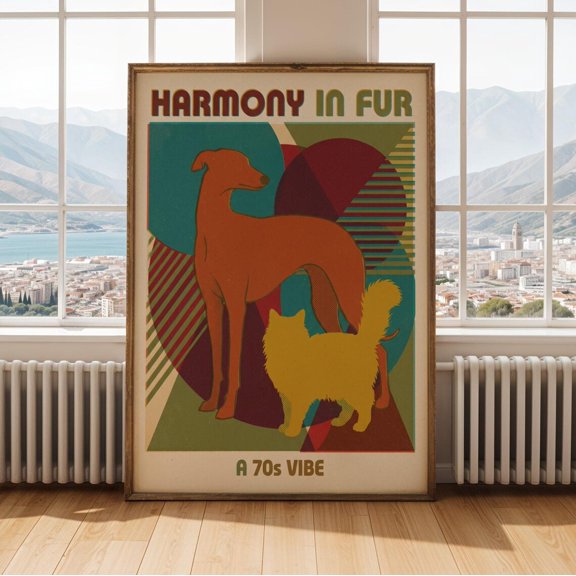 Harmony In Fur Wall Art Print, Burnt Orange Teal Modern Screen Print Animal Art
