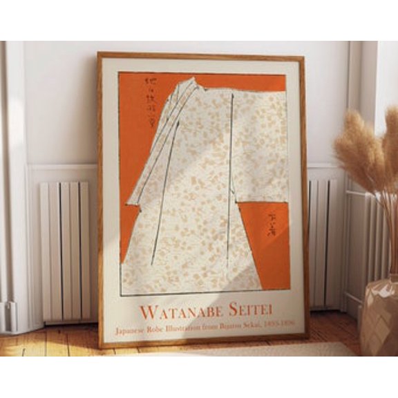 Harmony In Orange Japanese Woodblock Traditional Robe Illustration Poster, Creative Cultural Theme For Bedroom, Office And Home Decor